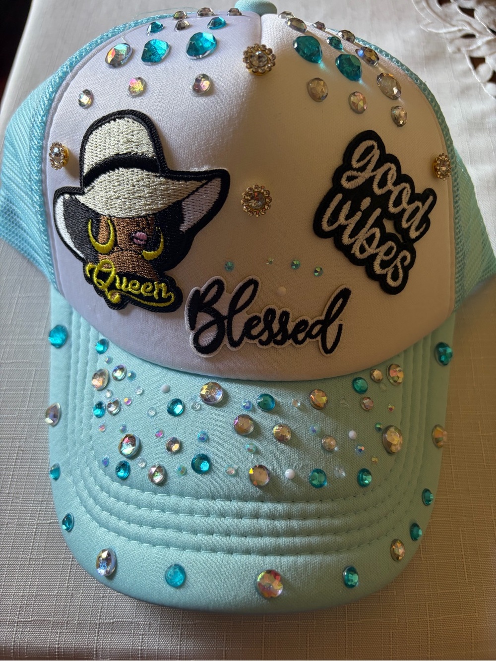 Blessed Queen Cap - Light Aqua & White with Rhinestones